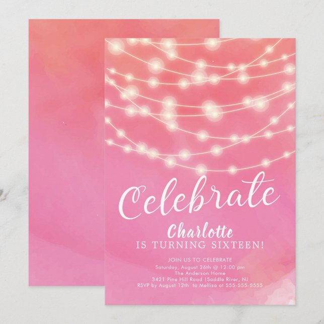 Invitation String Lights Pink Sweet 16e anniversaire Invitati (Devant / Derrière)