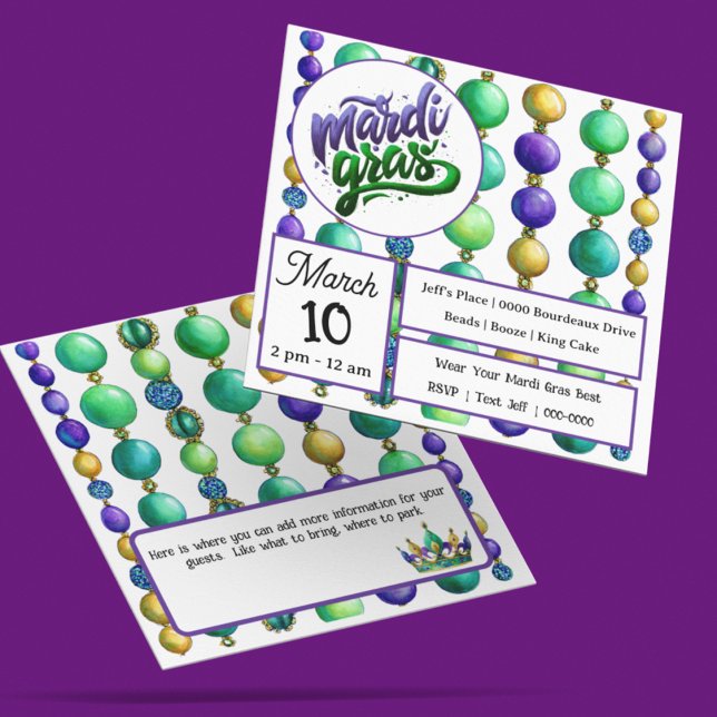 Invitation Strings of Colorful Mardi Gras Beads (Fully customize the front and back of your Mardi Gras bead inspired party invitation)