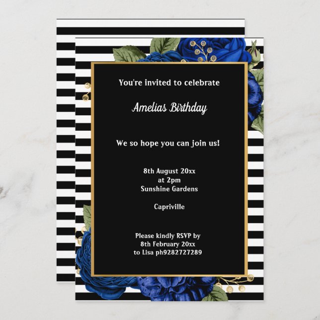 INVITATION STRIPE NOIR BLEU OR FLORAL 2 ANNIVERSAIRE (Devant / Derrière)