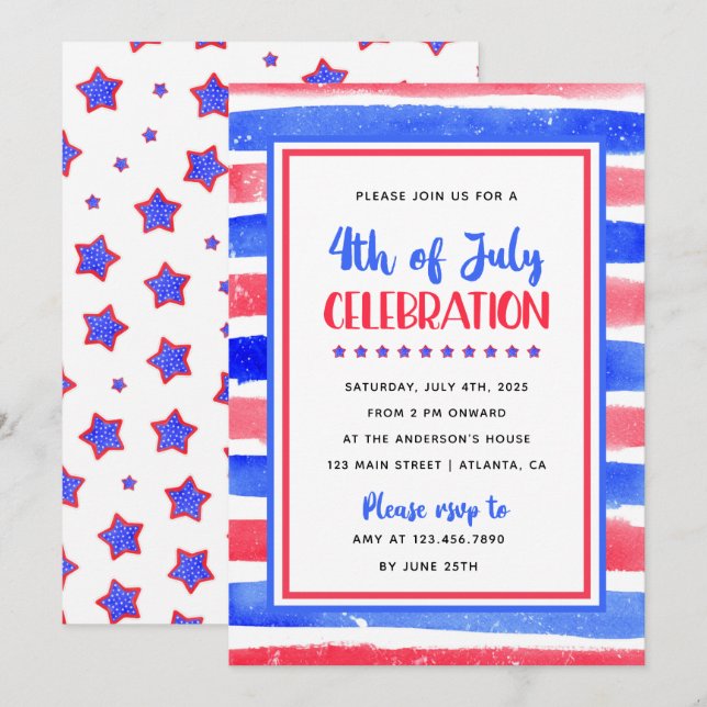 Invitation Stripe Rouge et Bleu 4 juillet (Devant / Derrière)