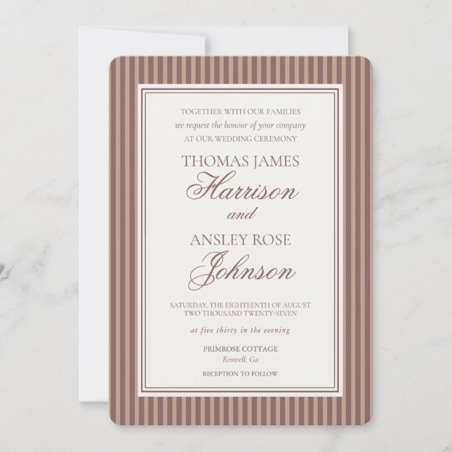 Invitation Striped Mocha Brown Espresso Martini Wedding (Devant)