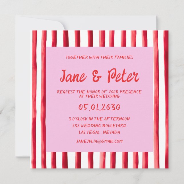 Invitation Striped Pink & Red Handwriting Wedding (Devant)