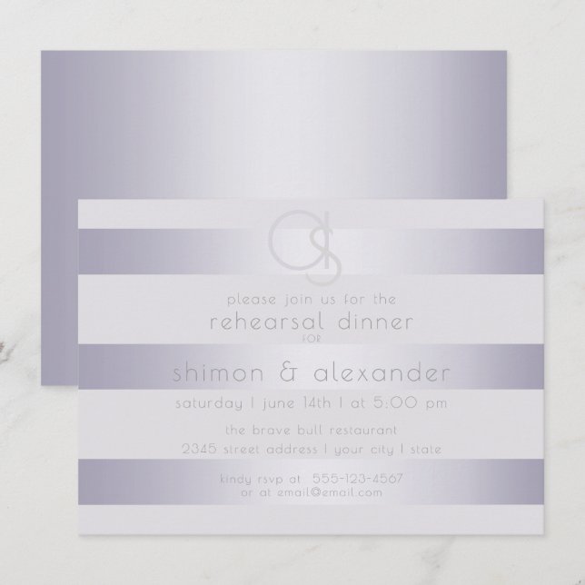 Invitation Stripes d'argent violet chatoyant avec Monogramme (Devant / Derrière)