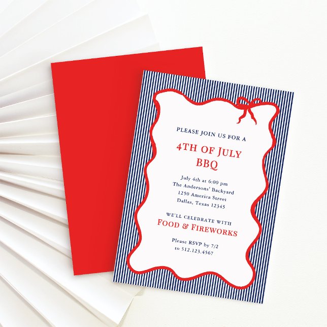 Invitation Stripes et Bow | Rouge Blanc 4 juillet (Créateur téléchargé)