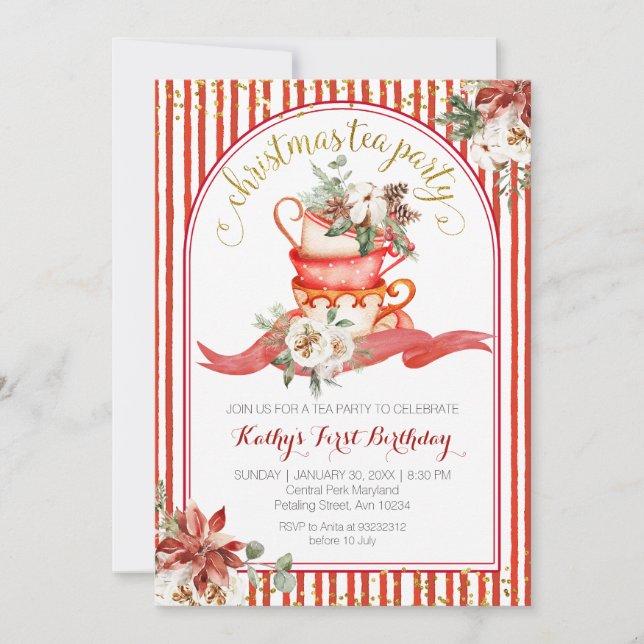 Invitation Stripes Floral Red Plaid Winter Birthday Floral (Devant)