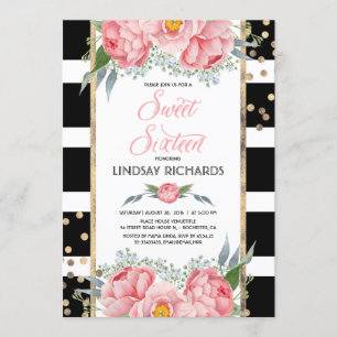 Invitation Stripes Florales Moderne Décor Or Douce 16 Anniver