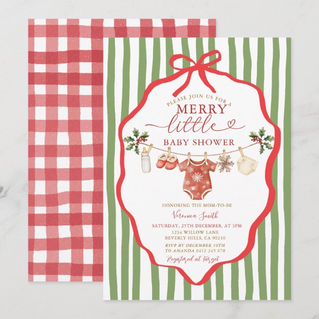 Invitation Stripes Green Clothesline Merry Little Baby Shower (Devant / Derrière)