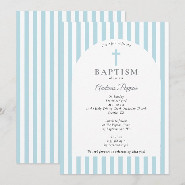 Invitation Stripes Moderne Baptême Baptême Bleu Dusty Garçon (Devant / Derrière)