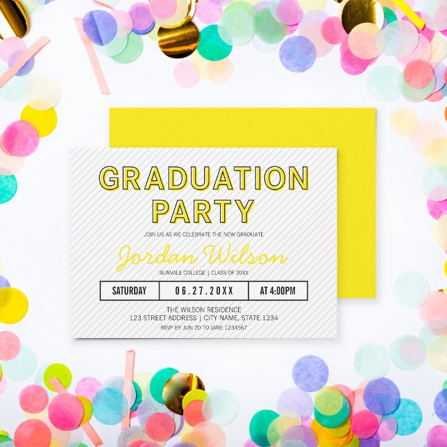 Invitation Stripes modernes Jaune fête de graduation (Créateur téléchargé)