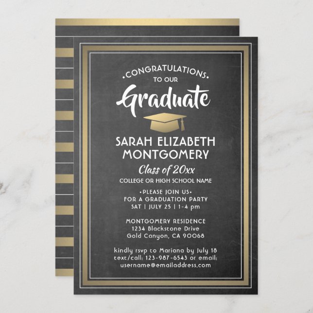 Invitation Stripes modernes noir Chalkboard & Gold Graduation (Devant / Derrière)