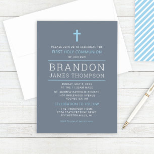 Invitation Stripes modernes Slate Blue Première communion pou