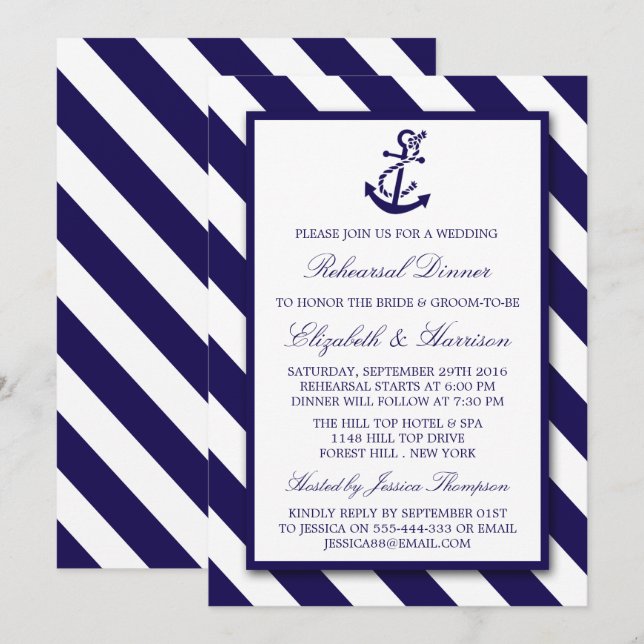 Invitation Stripes nautiques Ancre bleu marine Dîner de répét (Devant / Derrière)