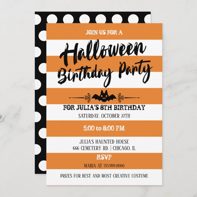 Invitation Stripes & Pois Halloween fête d'anniversaire (Devant / Derrière)