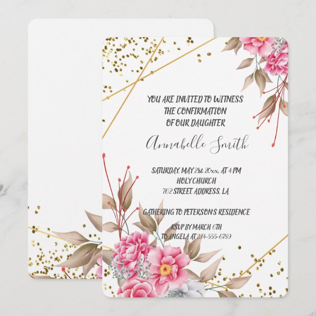 Invitation Structure géométrique or rose florale CONFIRMATION (Devant / Derrière)