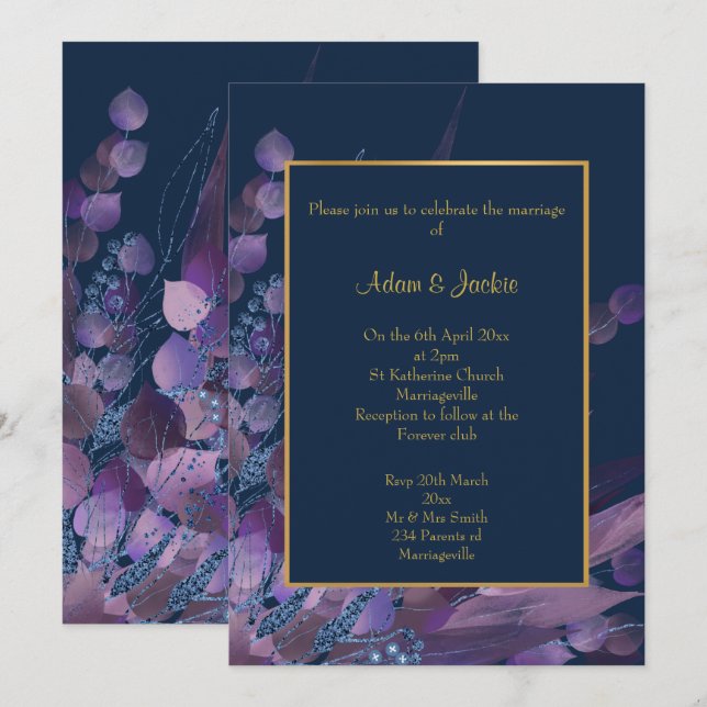 INVITATION STUNNING MARINE PURPLE EUCALYPTUS MARIAGE PERSONNA (Devant / Derrière)
