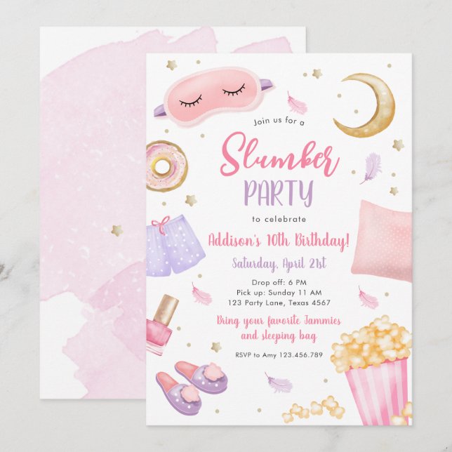 Invitation Stwood Party Sleepover fille Spa rose Anniversaire (Devant / Derrière)