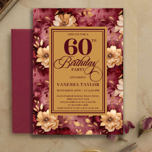 Invitation Stylé 60e Anniversaire Bordeaux Blush Floral Or