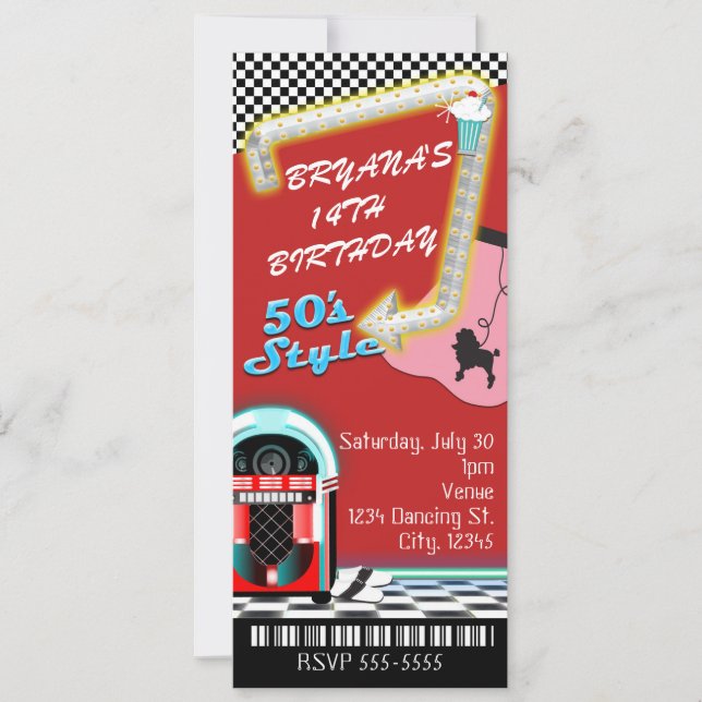 Invitation Style années 50's 1950's Theme Anniversaire (Devant)