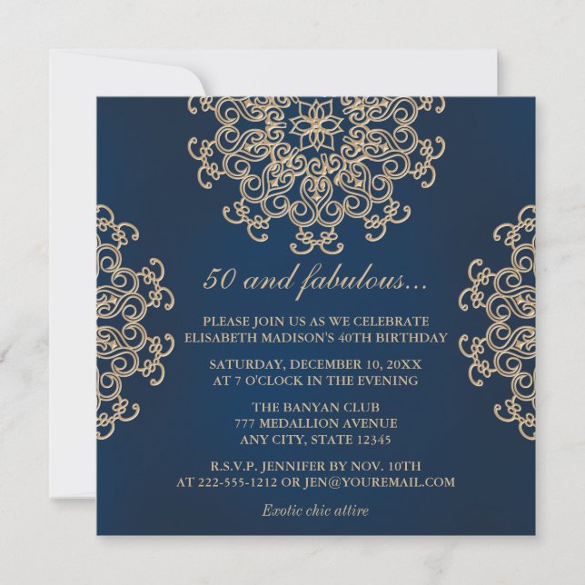 Invitation Style bleu marine et or indien 50e anniversaire (Devant)