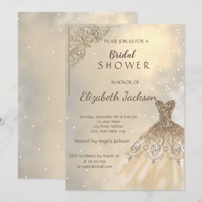 Invitation Style Chic Parties scintillant or robe nuptiale (Devant / Derrière)