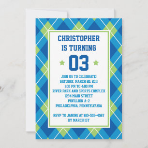 Invitation Style collégial Jacquard bleu et vert 5X7 Annivers