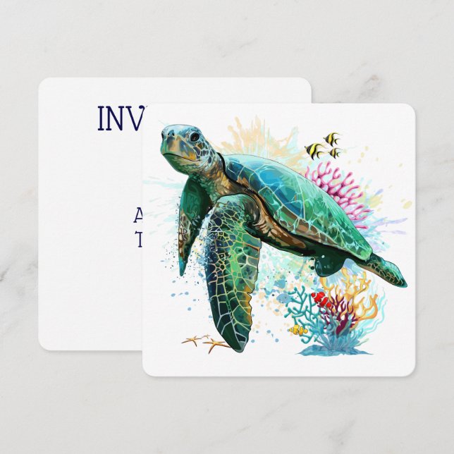 Invitation Style d'aquarelle sous-marine de tortue marine (Devant / Derrière)