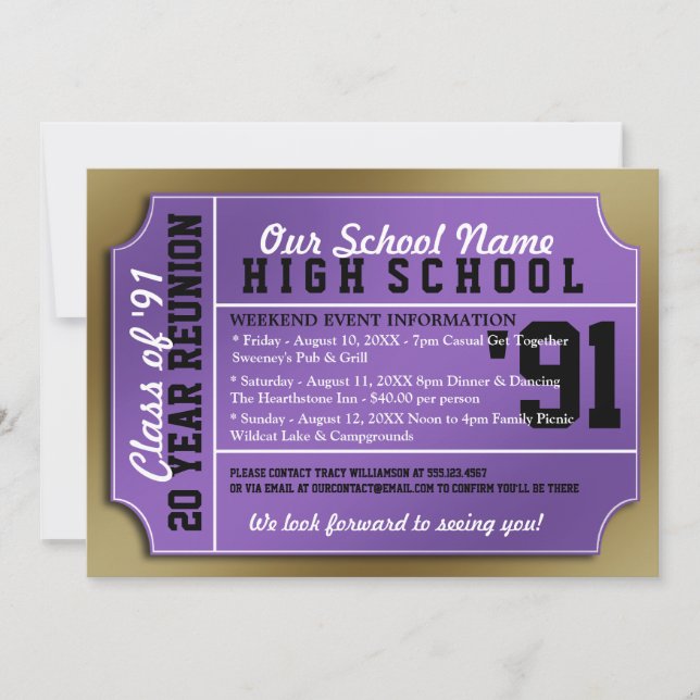 Invitation Style de billet Réunion classe violet/or (Devant)