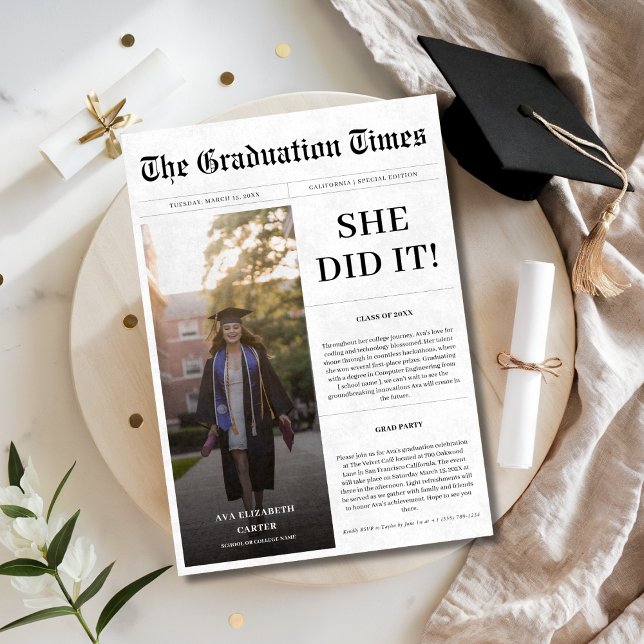 Invitation Style de journal Il ou elle l'a fait Graduation Ph (Créateur téléchargé)