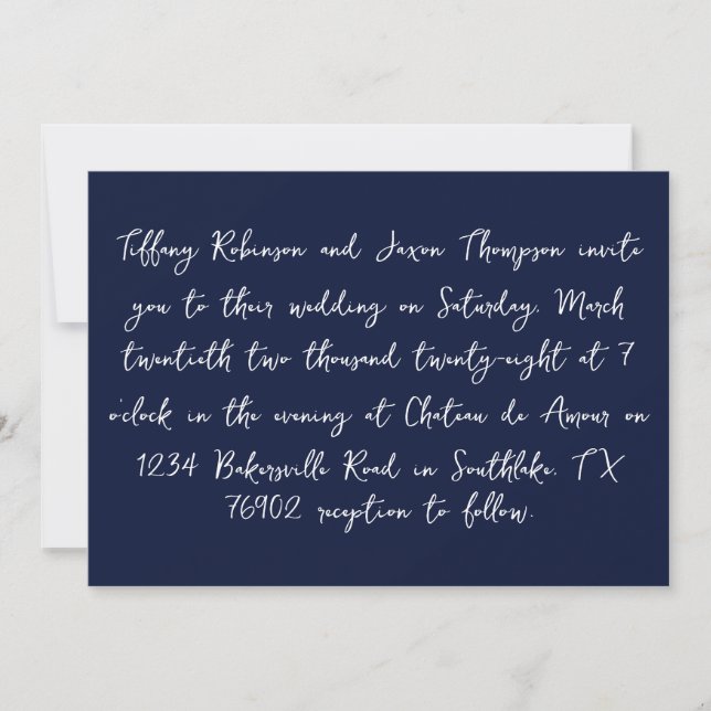 Invitation Style d'écriture marine bleu et blanc Mariage (Devant)