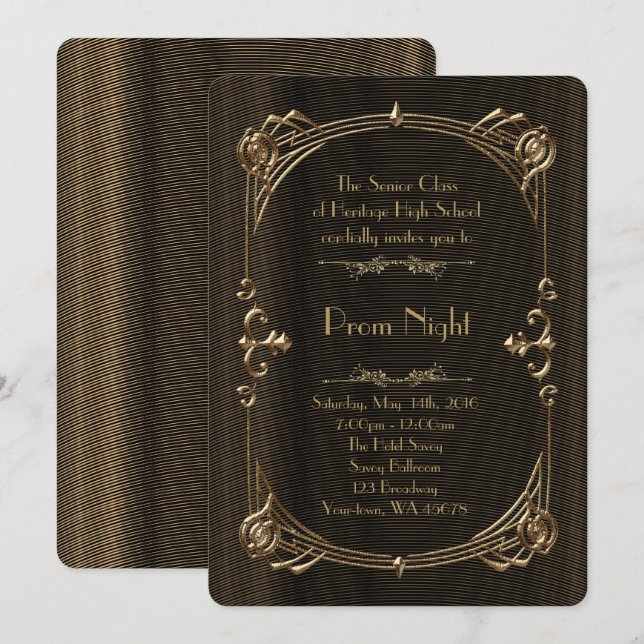 Invitation Style d'empire de bal de promo, or fondu, noir (Devant / Derrière)
