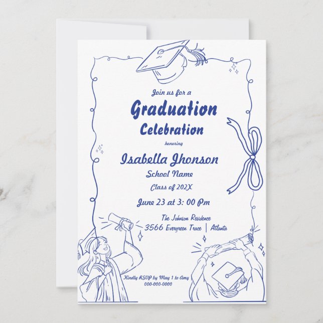 Invitation Style Doodle élégant Main Dradud Graduation (Devant)