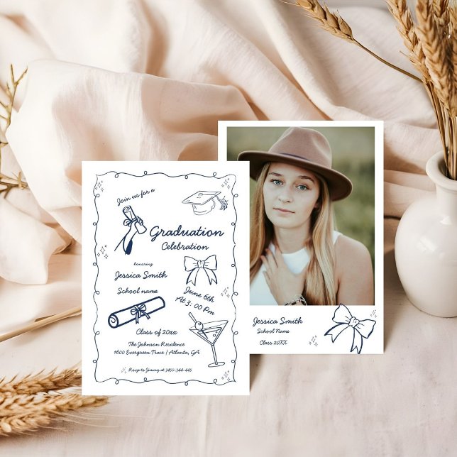 Invitation Style Doodle Graduation dessinée à la main (Créateur téléchargé)