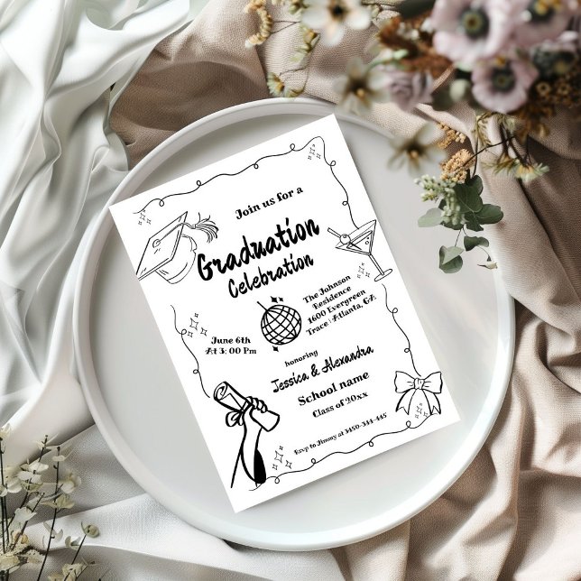 Invitation Style Doodle Main dessinée Twin Graduation (Créateur téléchargé)