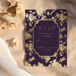 Invitation Style élégant violet foncé or floral RSVP