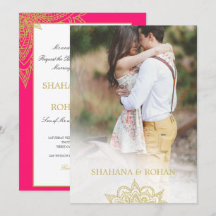 Invitation Style indien officiel Photo rose or chic Mariage