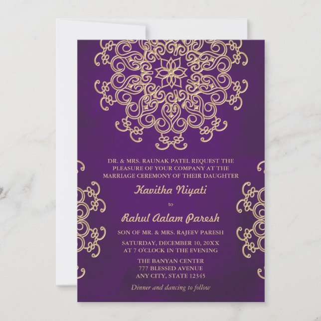 INVITATION STYLE INDIEN PURPLE ET OR (Devant)