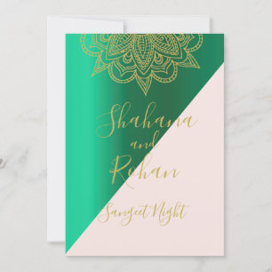 Invitation Style indien Sangeet Vert rose or couleur moderne