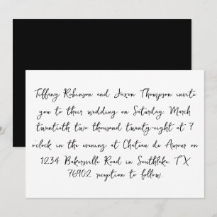 Invitation Style manuscrit Mariage blanc et noir
