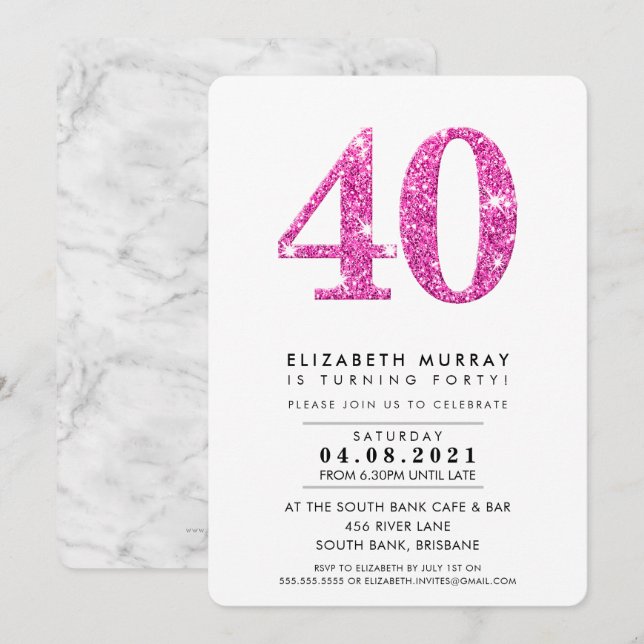 Invitation STYLE MODERNE 40E anniversaire parties scintillant (Devant / Derrière)