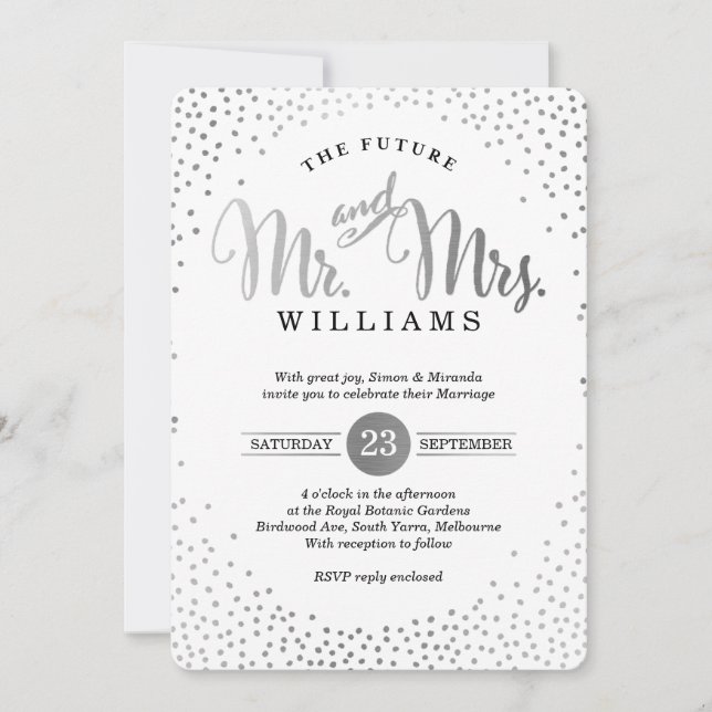 Invitation STYLE MODERNE MARIAGE mini confetti argent noir (Devant)
