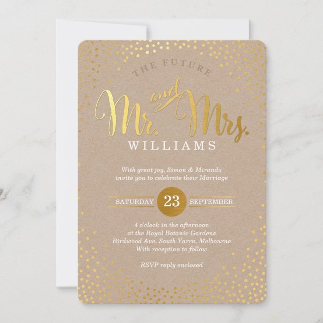 Invitation STYLE MODERNE MARIAGE mini confetti kraft en or (Devant)