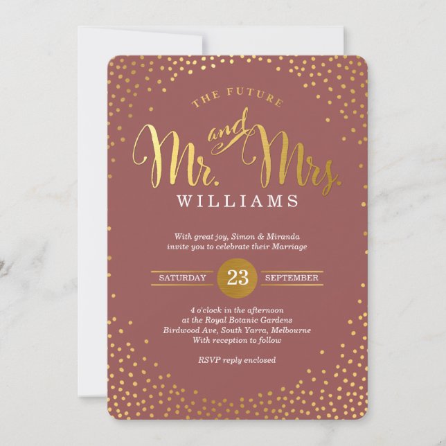 Invitation STYLE MODERNE MARIAGE mini confetti marsala or (Devant)