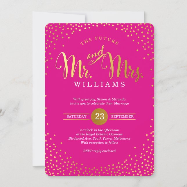 Invitation STYLE MODERNE MARIAGE mini confetti or chaud rose (Devant)