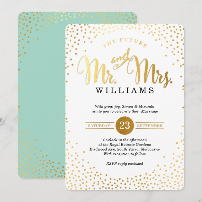 Invitation STYLE MODERNE MARIAGE or confetti menthe noir (Devant / Derrière)