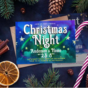 Invitation Stylé Nuit de Noël Céleste Bleu Vintage