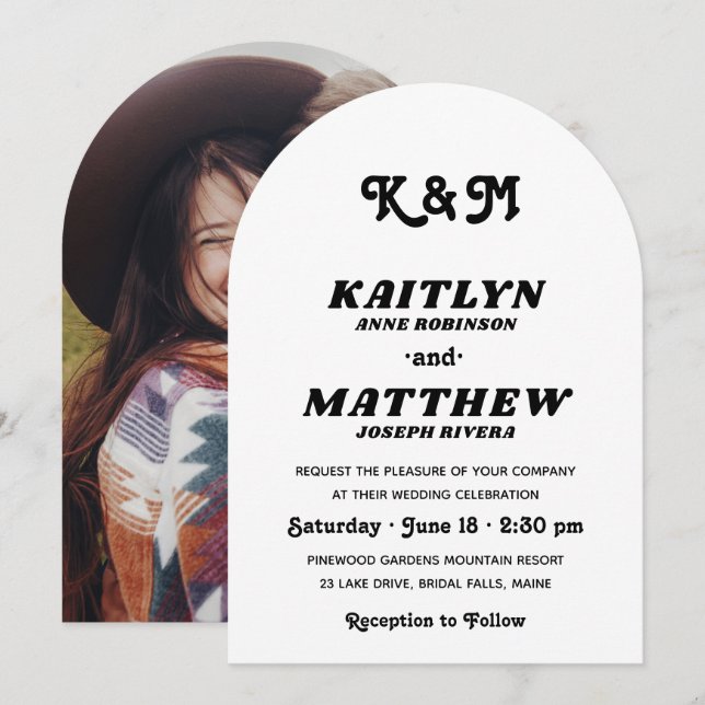 Invitation Style Retro Typographie Monogramme Mariage photo (Devant / Derrière)