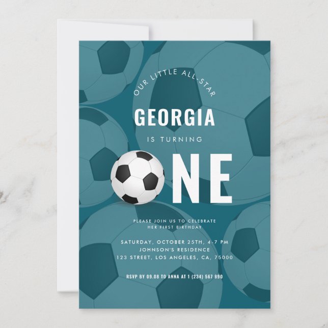 Invitation Style Turquoise Ball Soccer Thème 1er Anniversaire (Devant)
