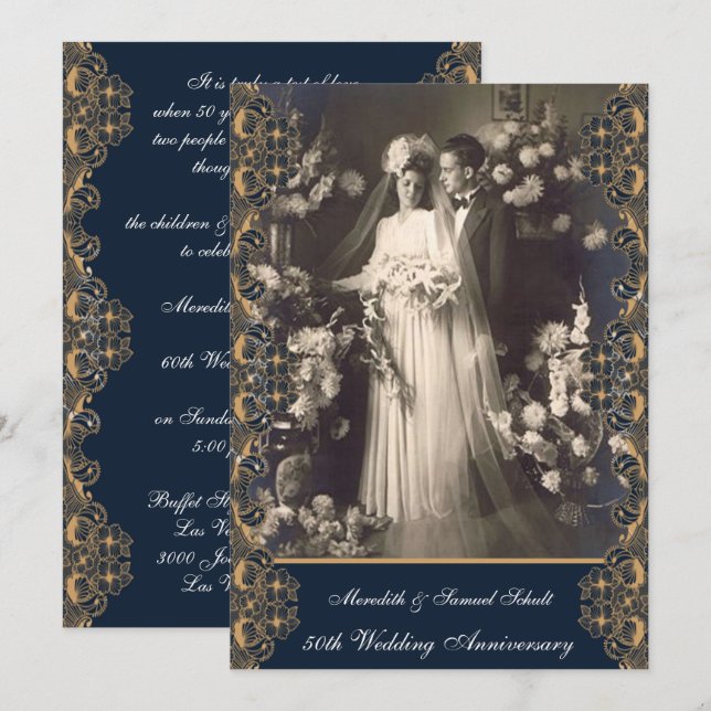 Invitation Style vintage 50e anniversaire Mariage (Devant / Derrière)