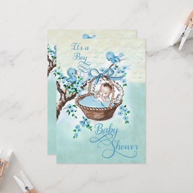 Invitation Style vintage Baby shower bébé garçon & oiseaux (Devant/Arrière en situation)