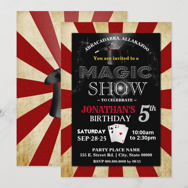Invitation Style vintage Magie spectacle anniversaire (Devant / Derrière)